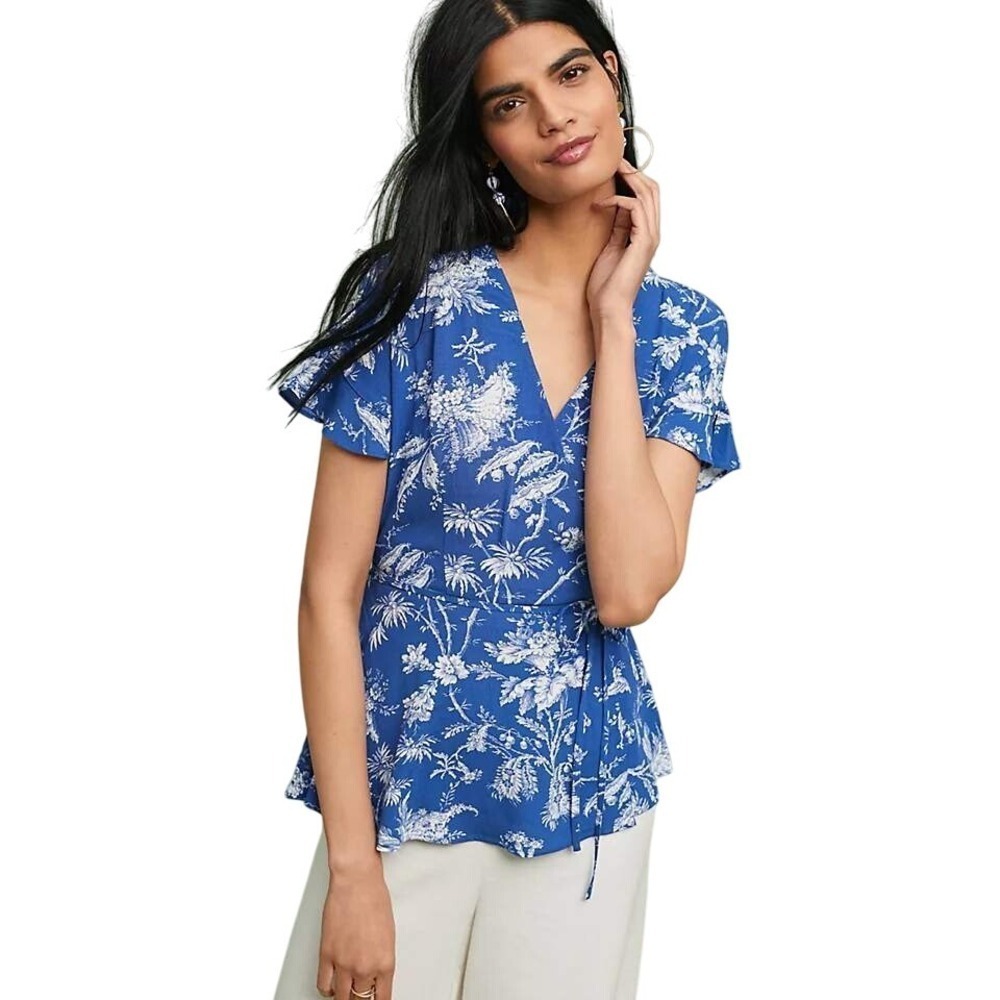 Anthropologie Maeve Wrap Top Resort Wear Vacation Tropical Blue Size Medium